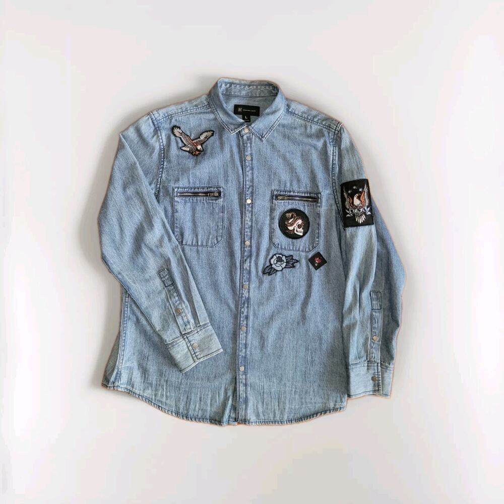 INC International Concepts Unisex Denim Patch Shirt Blue Wash Size Large